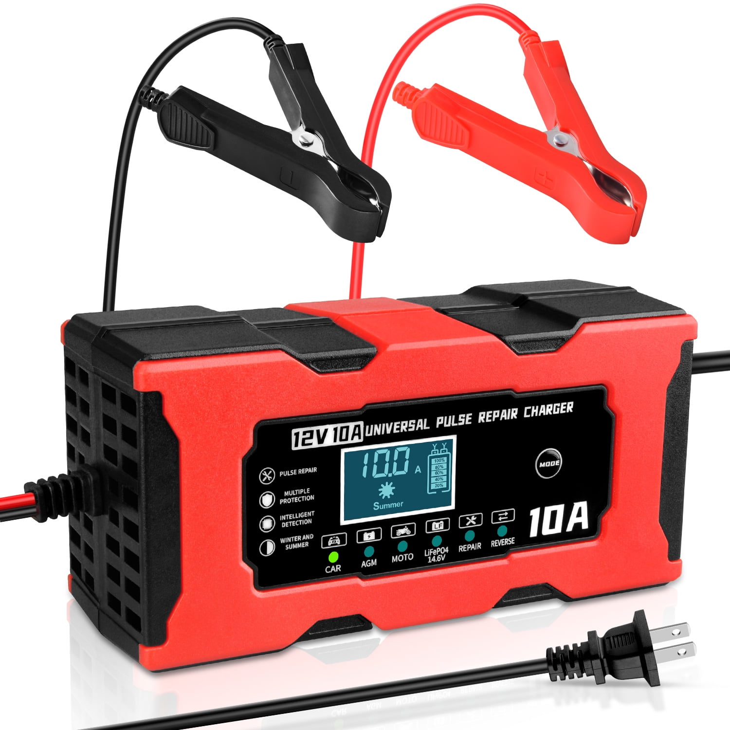 10-Amp Car Battery Charger,Smart Battery Trickle Charger 12V10A Automotive Battery Maintainer Desulfator w/ Temp Compensation Intelligent Pulse Repair 2 in 1 Lead Acid\u0026Lithium Battery Charger for Car