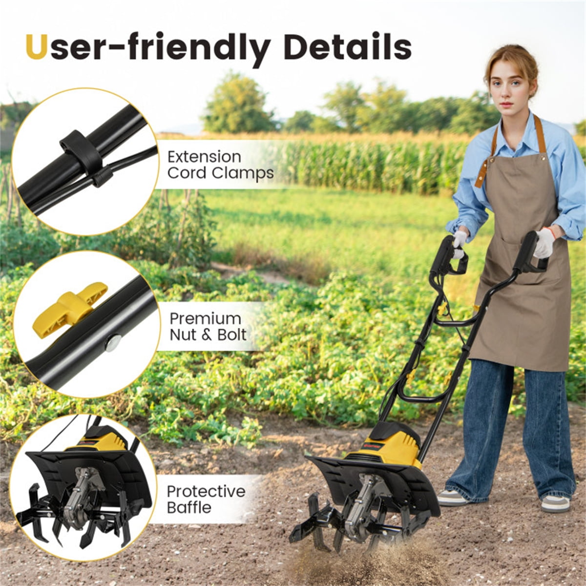 10 Amp Corded Electric Tiller - 4 Blades (36/32cm Width, 22cm Depth), 380 RPM & Foldable Design