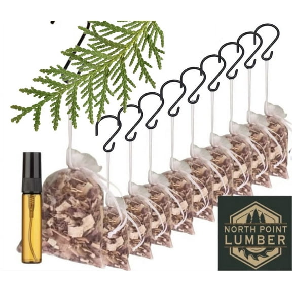 10 Aromatic Cedar Sachet Bags and 5 ML Cedar Essential Oil With Hanging Hooks for Clothes Storage, Air Freshening, & Deodorizing from Fresh Eastern Aromatic Cedar Shavings