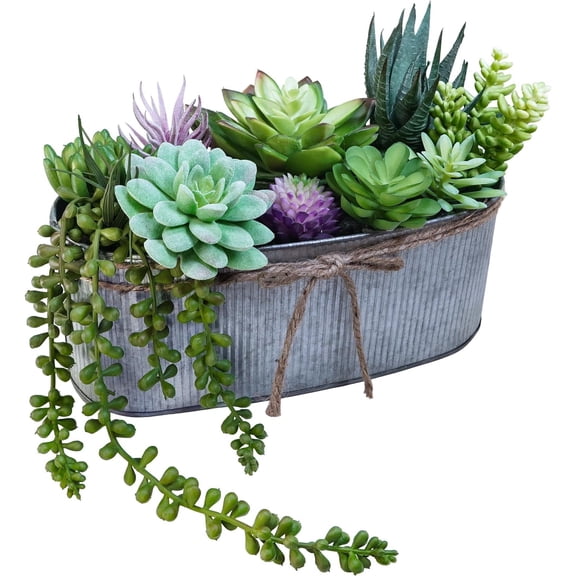10" Artificial Succulent Arrangement Centerpiece Succulent in Rustic Metal Oval Planter Faux Potted for Office Bedroom Table Windowsill Shelf Mantel Decor
