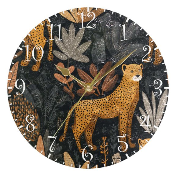 10" Artistic Round Wall Decorative Desk Clock Cheetahs and Jungle Foliage Pattern Wall Clock Home Decor