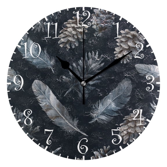 10" Artistic Round Wall Decorative Desk Clock Deep Gray Feathers and Pinecones Wall Clock Home Decor