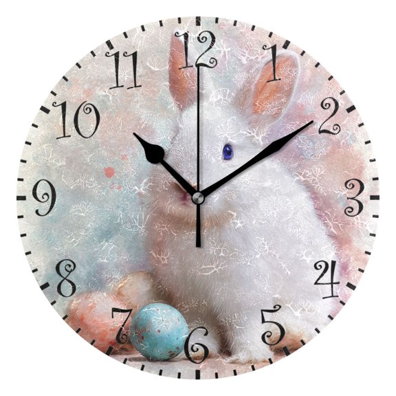 10" Artistic Round Wall Decorative Desk Clock Fluffy Bunny with Blue Eyes Wall Clock Home Decor