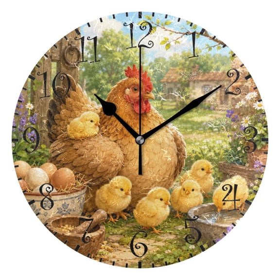 10" Artistic Round Wall Decorative Desk Clock Plump Hen and Fluffy Chicks Wall Clock Home Decor