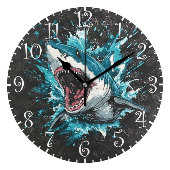 10" Artistic Round Wall Decorative Desk Clock Wall Clock Home Decor Aggressive Blue Shark