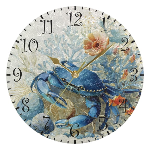 10" Artistic Round Wall Decorative Desk Clock Wall Clock Home Decor Blue Crab and Shells