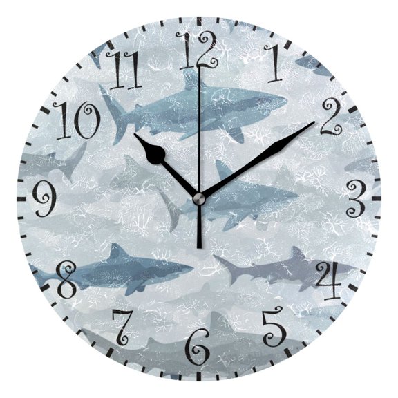10" Artistic Round Wall Decorative Desk Clock Wall Clock Home Decor Blue and Gray Sharks Pattern