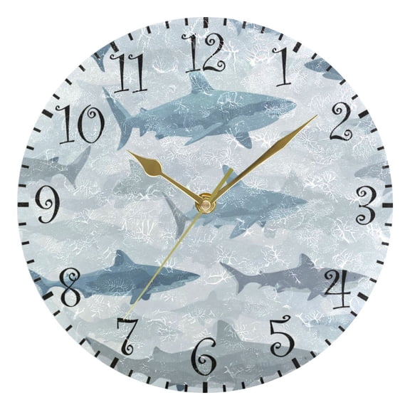 10" Artistic Round Wall Decorative Desk Clock Wall Clock Home Decor Blue and Gray Sharks Pattern