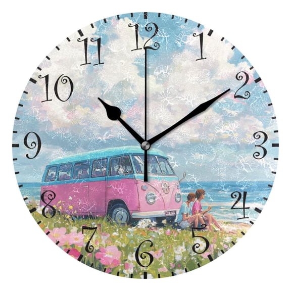10" Artistic Round Wall Decorative Desk Clock Wall Clock Home Decor Cartoon-style Retro Bus
