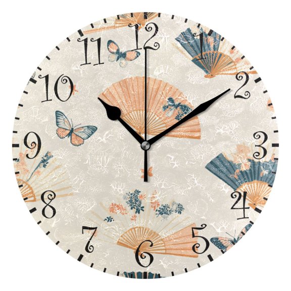 10" Artistic Round Wall Decorative Desk Clock Wall Clock Home Decor Chinese Fans Pattern