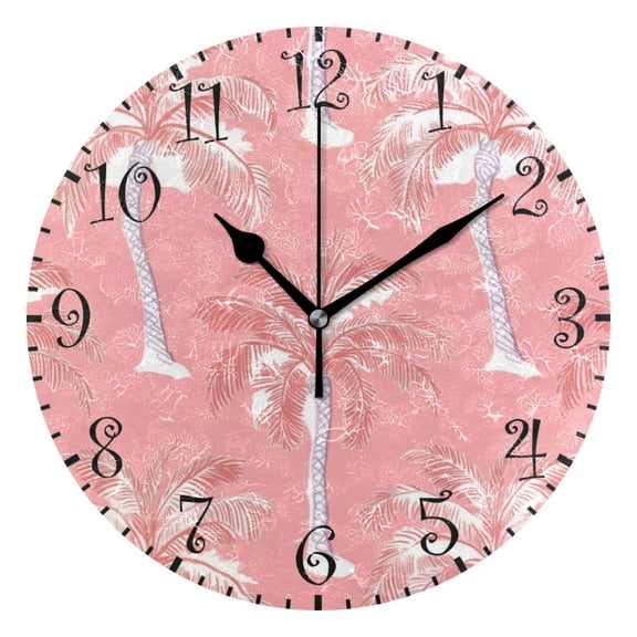 10" Artistic Round Wall Decorative Desk Clock Wall Clock Home Decor Coral Pink Palm Tree