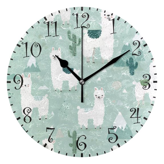 10" Artistic Round Wall Decorative Desk Clock Wall Clock Home Decor Cute Cartoon Llama Pattern