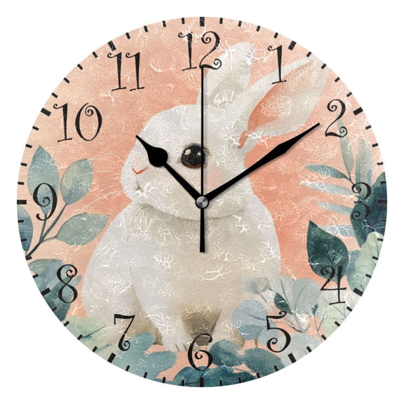 10" Artistic Round Wall Decorative Desk Clock Wall Clock Home Decor Cute White Rabbit