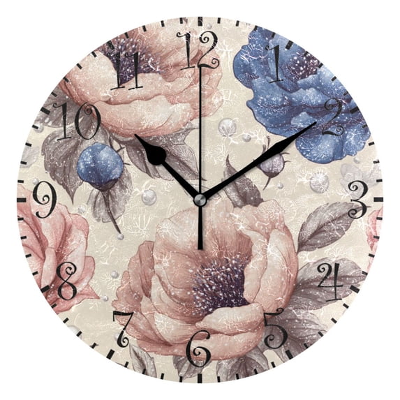 10" Artistic Round Wall Decorative Desk Clock Wall Clock Home Decor Dusty Pink Peonies