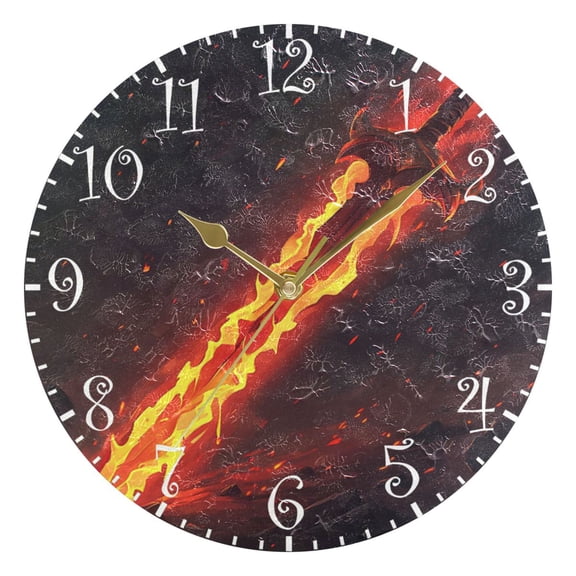 10" Artistic Round Wall Decorative Desk Clock Wall Clock Home Decor Flaming Sword