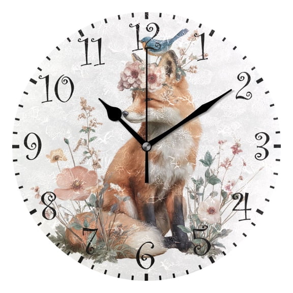 10" Artistic Round Wall Decorative Desk Clock Wall Clock Home Decor Fox with a Bird