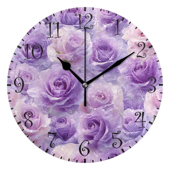 10" Artistic Round Wall Decorative Desk Clock Wall Clock Home Decor Light Purple Roses Pattern