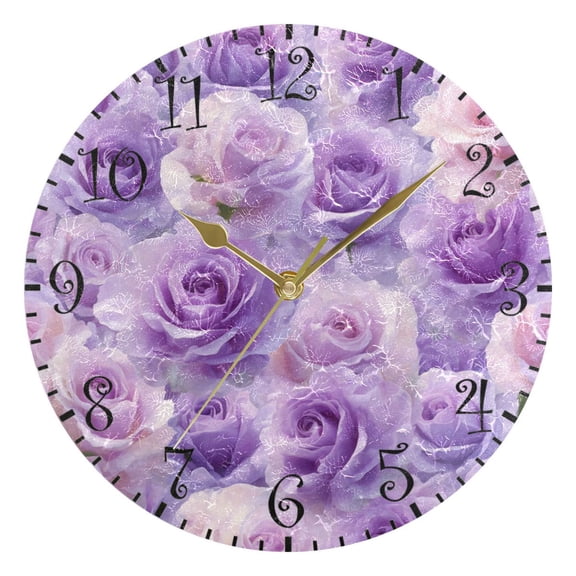 10" Artistic Round Wall Decorative Desk Clock Wall Clock Home Decor Light Purple Roses Pattern