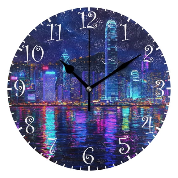 10" Artistic Round Wall Decorative Desk Clock Wall Clock Home Decor Neon Light City