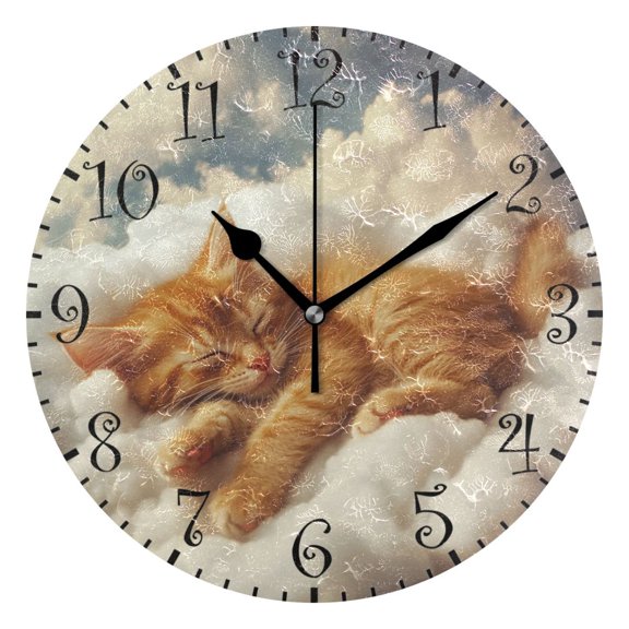 10" Artistic Round Wall Decorative Desk Clock Wall Clock Home Decor Orange Cat Sleeping on Clouds