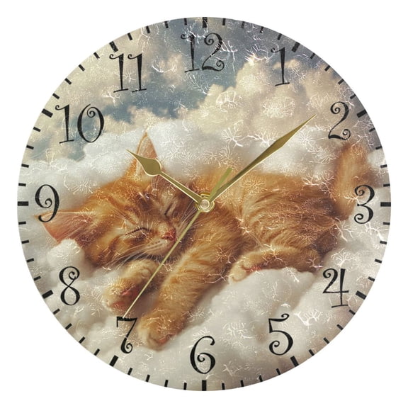 10" Artistic Round Wall Decorative Desk Clock Wall Clock Home Decor Orange Cat Sleeping on Clouds