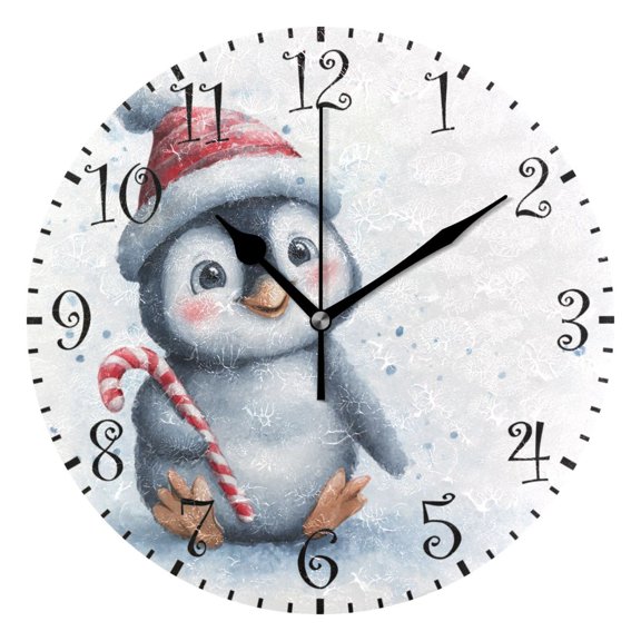 10" Artistic Round Wall Decorative Desk Clock Wall Clock Home Decor Penguin Holding Candy Cane