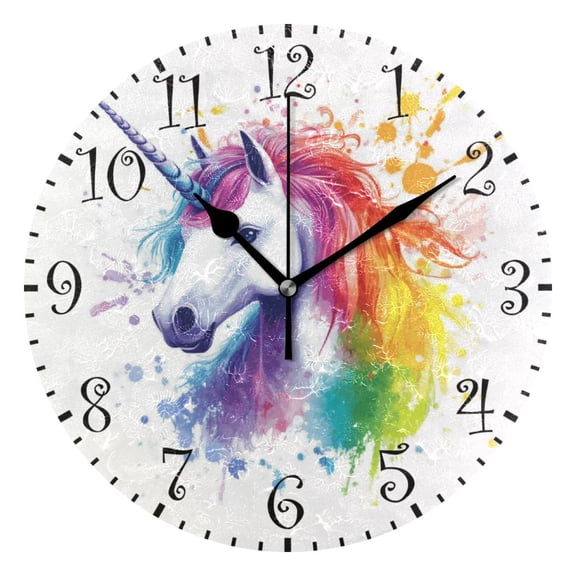 10" Artistic Round Wall Decorative Desk Clock Wall Clock Home Decor Rainbow-colored Unicorn