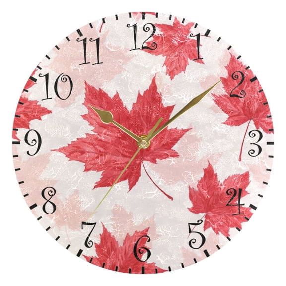 10" Artistic Round Wall Decorative Desk Clock Wall Clock Home Decor Red Maple Leaves Pattern