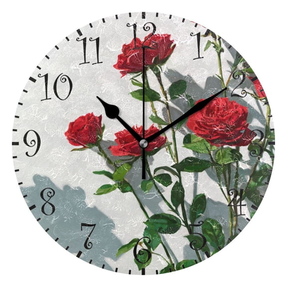 10" Artistic Round Wall Decorative Desk Clock Wall Clock Home Decor Red Roses on the Wall