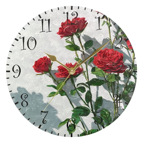 10" Artistic Round Wall Decorative Desk Clock Wall Clock Home Decor Red Roses on the Wall