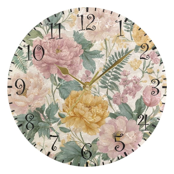 10" Artistic Round Wall Decorative Desk Clock Wall Clock Home Decor Retro Plant Pattern