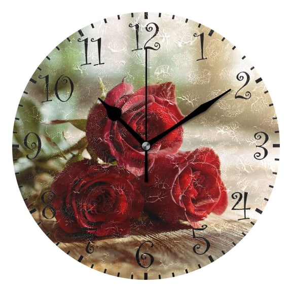 10" Artistic Round Wall Decorative Desk Clock Wall Clock Home Decor Roses on Wooden Table