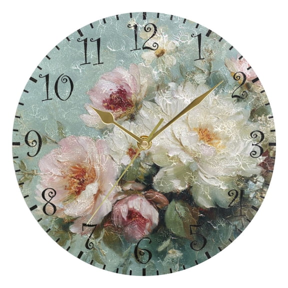 10" Artistic Round Wall Decorative Desk Clock Wall Clock Home Decor Vintage Peonies and Daisies