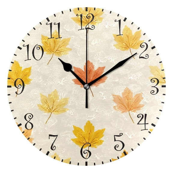 10" Artistic Round Wall Decorative Desk Clock Wall Clock Home Decor Yellow Maple Leaves Pattern