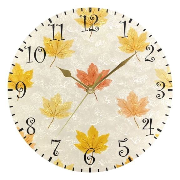 10" Artistic Round Wall Decorative Desk Clock Wall Clock Home Decor Yellow Maple Leaves Pattern