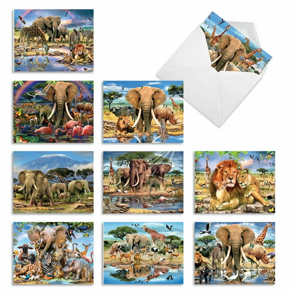The Best Card Company 10 Assorted Funny Blank Notes Bulk Set 4x5.12 w/ Envelopes, 10x1 Designs, for Men, Women, Savanna Selfies M6640OCB