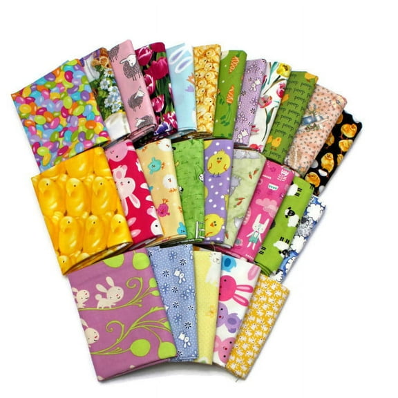 10 Assorted Fat Quarters - Spring Chicks Peeps Sheep Rabbits Bunnies Flowers Candy Jelly Beans Pink Green Purple Yellow Quality Cotton Fat Quarter Bundle M492.21