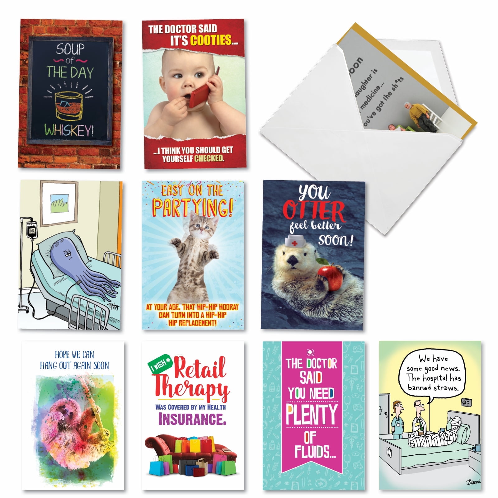 10 Assorted Get Well Soon Cards Funny - Best Remedies Feel Better -  AC9373GWG-B1x10 - Walmart.com, image size:1600x1600