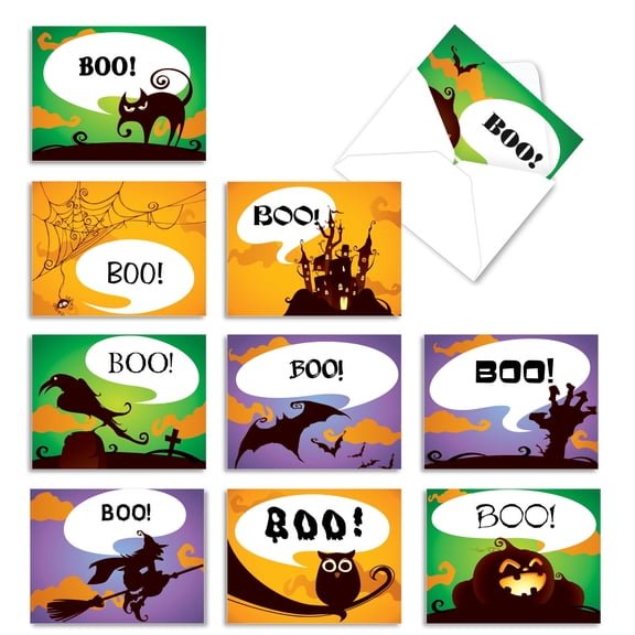 The Best Card Company 10 Assorted Halloween Notes Bulk Set 4x5.12 w/ Envelopes, 10x1 Designs, for Men, Women, Boo-Tiful Notes M6688HWG