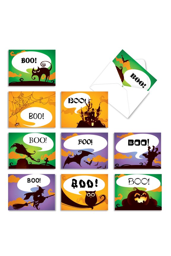 The Best Card Company 10 Assorted Halloween Notes Bulk Set 4x5.12 w/ Envelopes, 10x1 Designs, for Men, Women, Boo-Tiful Notes M6688HWG