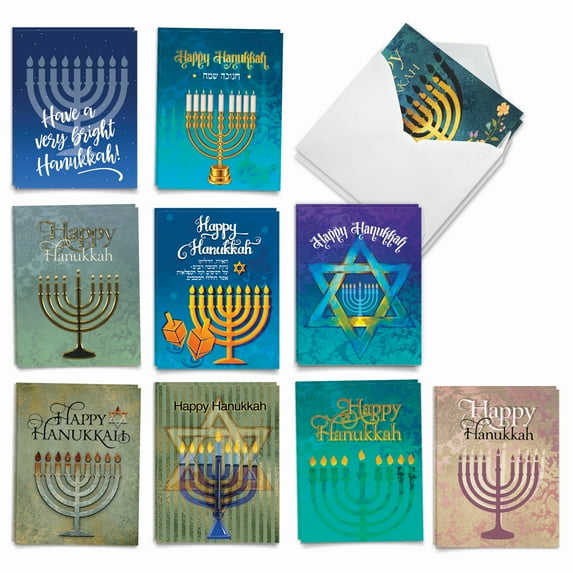 10 Assorted Hanukkah Note Cards with Envelopes (4 x 5.12 Inch) - Hanukkah Lights AM6140HKG-B1x10