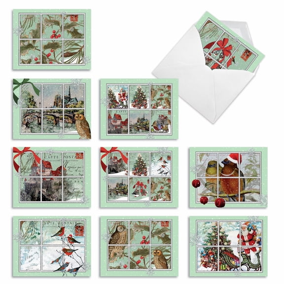 The Best Card Company 10 Assorted Christmas Notes Bulk Set 4x5.12 w/ Envelopes, 10x1 Designs, for Men, Women, Merry Mail M9629XSG