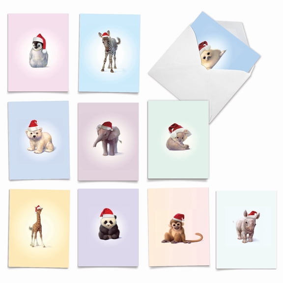 The Best Card Company 10 Assorted Blank Christmas Notes Bulk Set 4x5.12 w/ Envelopes, 10x1 Designs, for Men, Women, Christmas Zoo Babies M6726XSB