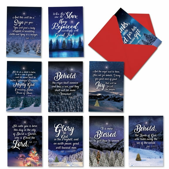 10 Assorted Set Christmas Greeting Cards - Christmas Quotes - Xmas Greetings with Biblical Quotes over Winter Scenes