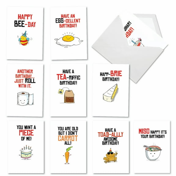 10 Assorted Set Funny Birthday Greeting Cards - Birthday Puns - Funny Illustrated Punnies Using Bee, Egg, Toilet Paper, and More