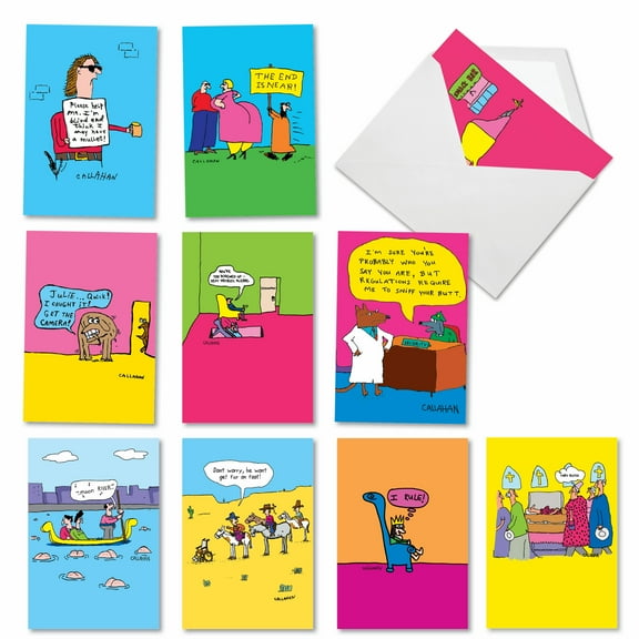 10 Assorted Set Funny Blank Greeting Cards - He Won't Get Far on Foot - Joke Drawings Featuring Big Woman, Crazy Patient, and More