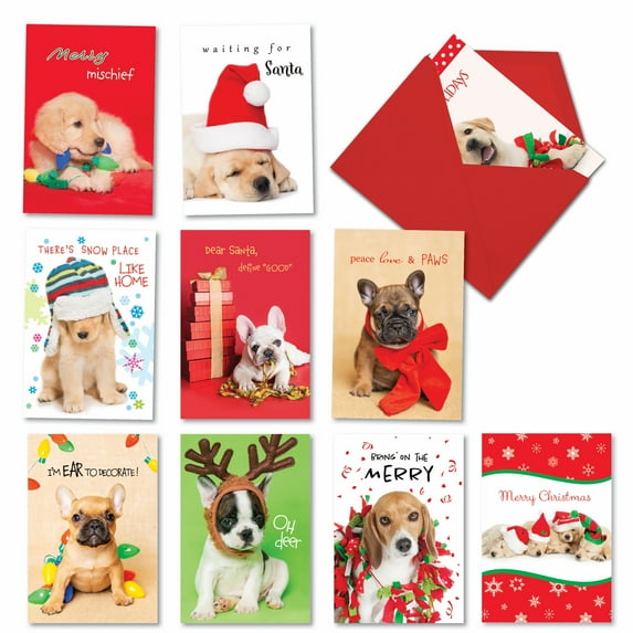 10 Assorted Set Funny Christmas Greeting Cards - Happy Howlidays - Funny Xmas Puppies in Festive Antics