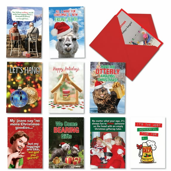 10 Assorted Set Funny Christmas Greeting Cards - Holiday Laughs - Noel Cartoons with Santa, Naughty Kids, and Bears