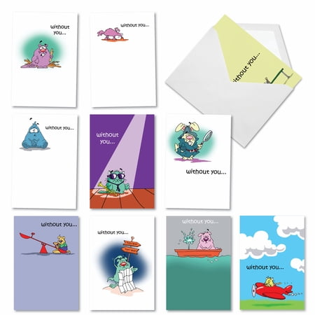 10 Assorted Set Funny Miss You Greeting Cards w/5 x 7 Inch Envelopes - D.T. Walsh's Missing You - Hysterical Drawn Creatures