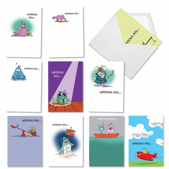 10 Assorted Set Funny Miss You Greeting Cards w/5 x 7 Inch Envelopes - D.T. Walsh's Missing You - Hysterical Drawn Creatures